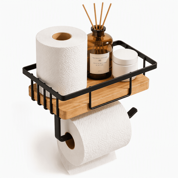 Wall Mounted Toilet Paper Holder with Wood Shelf - Self-Adhesive No-Drill Bathroom Tissue Dispenser, Carbon Steel Storage Rack for Toilet Paper & Phone, Modern Bathroom Organizer,Black