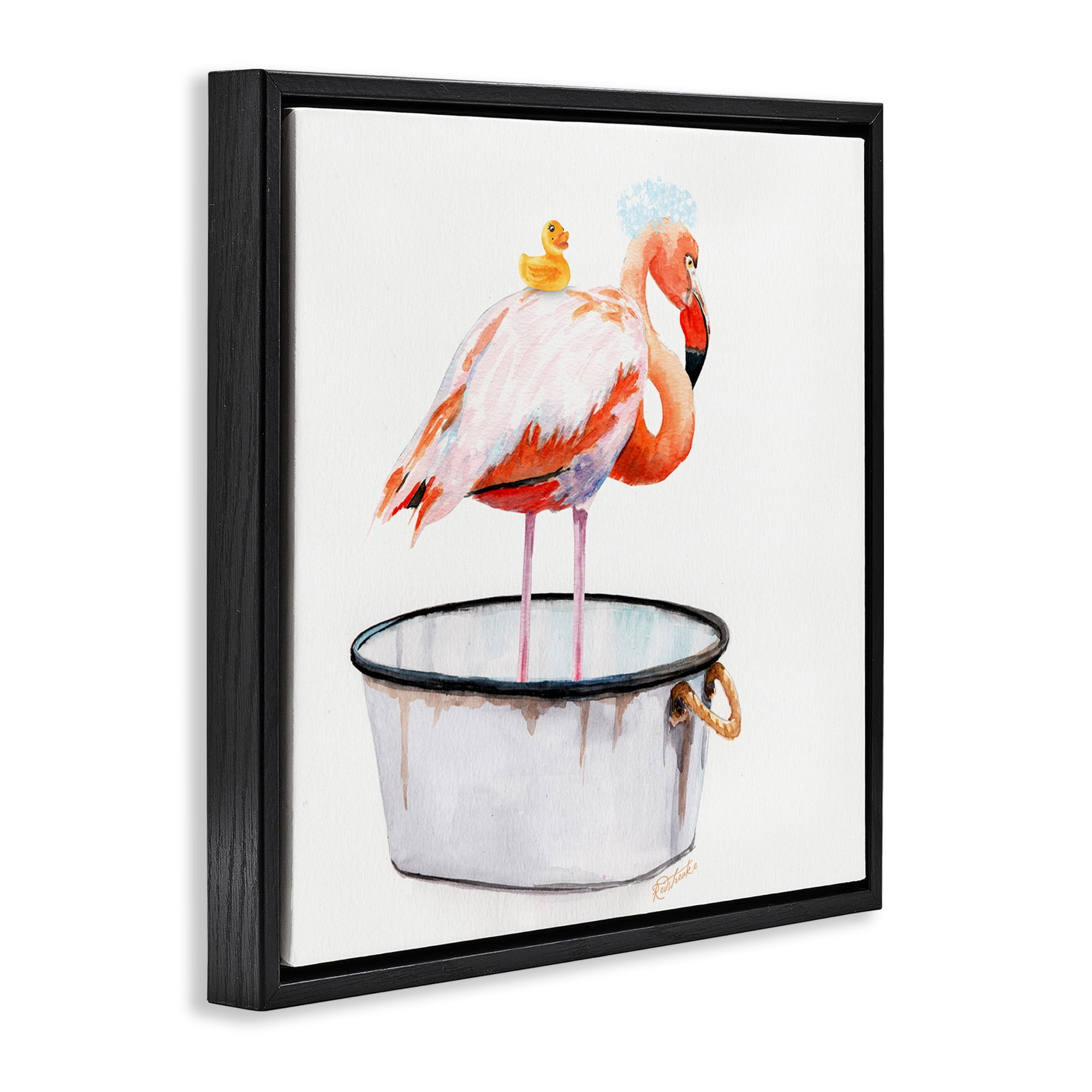 Stupell Industries Flamingo Bubble Bath Time Animals & Insects Painting Black Floater Framed Canvas Art Print Wall Art, 18 x 18
