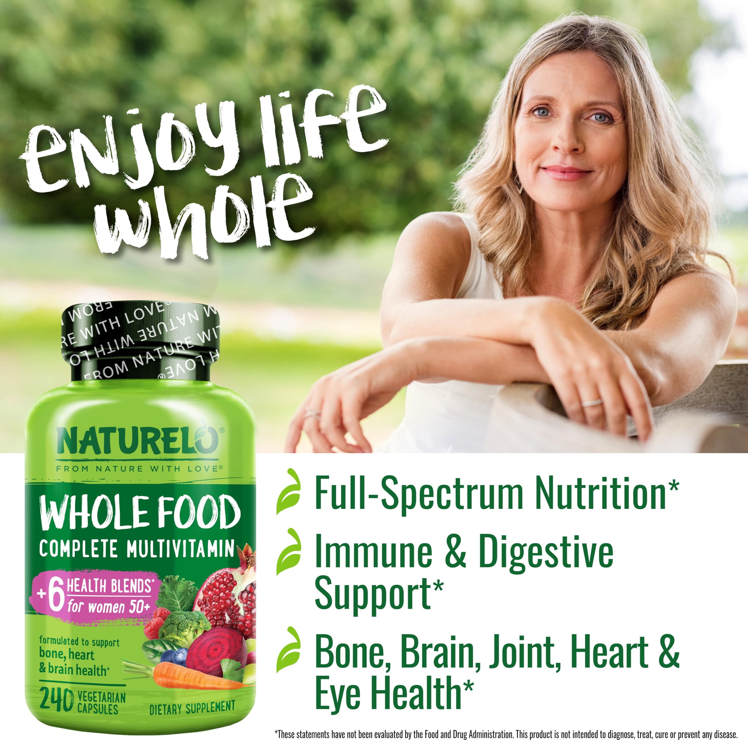 NATURELO Whole Food Multivitamin for Women 50+ (Iron Free) with Vitamins, Minerals, & Organic Extracts - Supplement for Post Menopausal Women Over 50 - No GMO - 240 Vegan Capsules