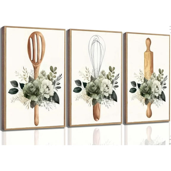 3 Pcs Sage Green Farmhouse Kitchen Canvas Wall Art Minimalist Dining Room plant Flowers Painting Pictures Wall Decor Poster Print Artwork For Dining Room kitchen Home Decoration