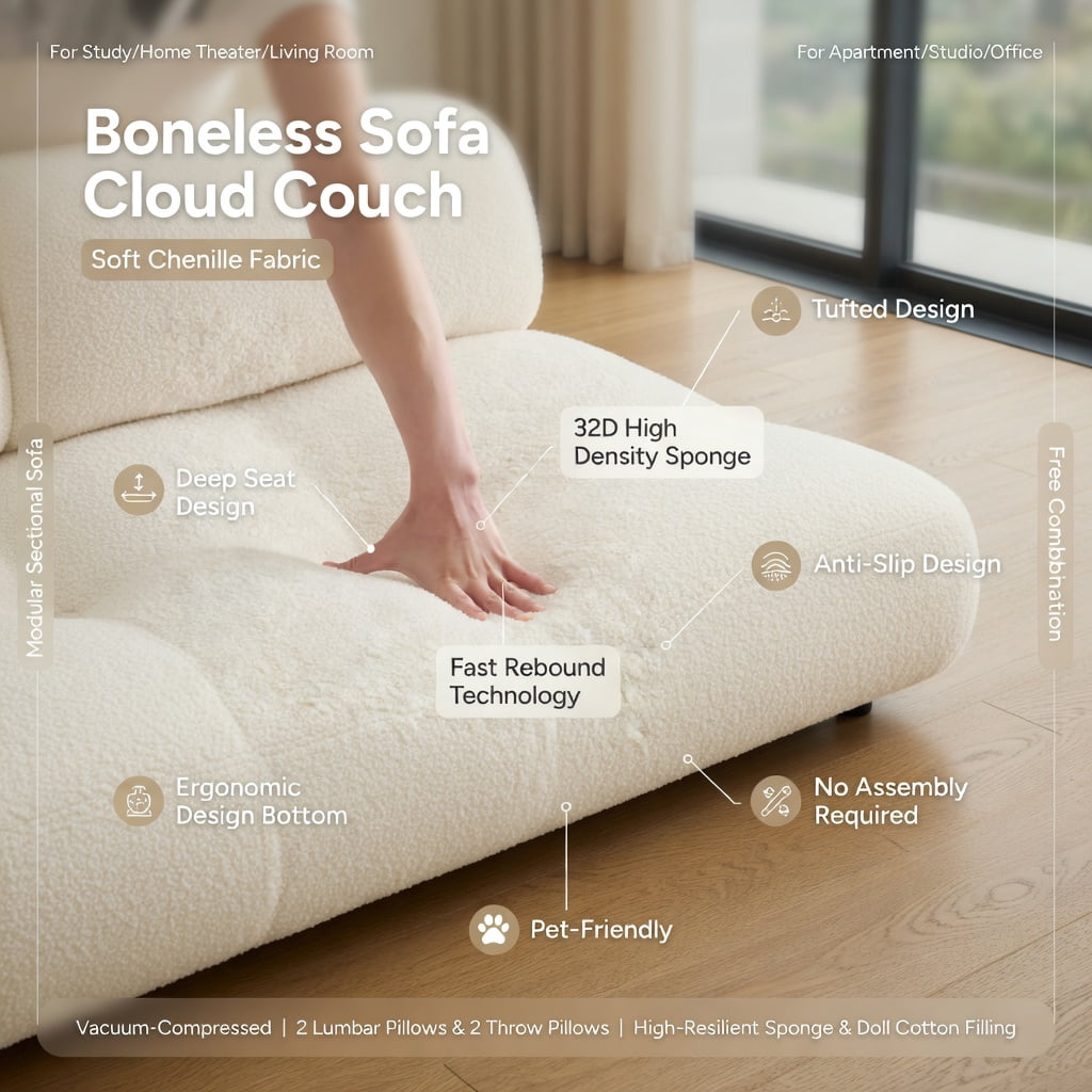 Hommoo Teddy Fleece 2-Seat Modular Sofa with Curved Backrest, Cloud-Like Double-Layer Cushions & 2 Movable Ottomans, Living Room Sectional Couch, Beige