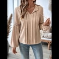 thumbnail image 4 of Blusa Informal Plisada de Larga con Cuello en V y Mangas Abullonadas para Mujer, Estilo Túnica Holgada de Negocios. Caqui M, 4 of 10
