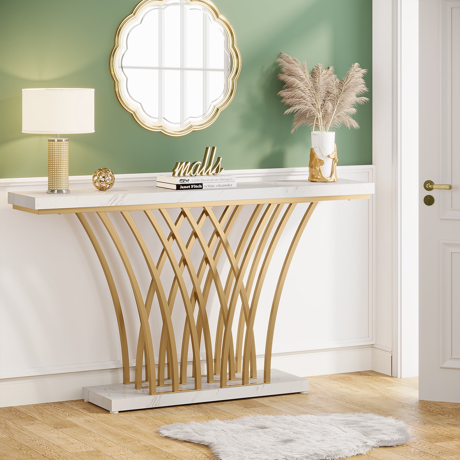 Tribesigns Modern Faux Marble Console Table, 59" Narrow sofa Entryway Tables with Metal Base for Living Room, Hallway and Foyer,White & Gold