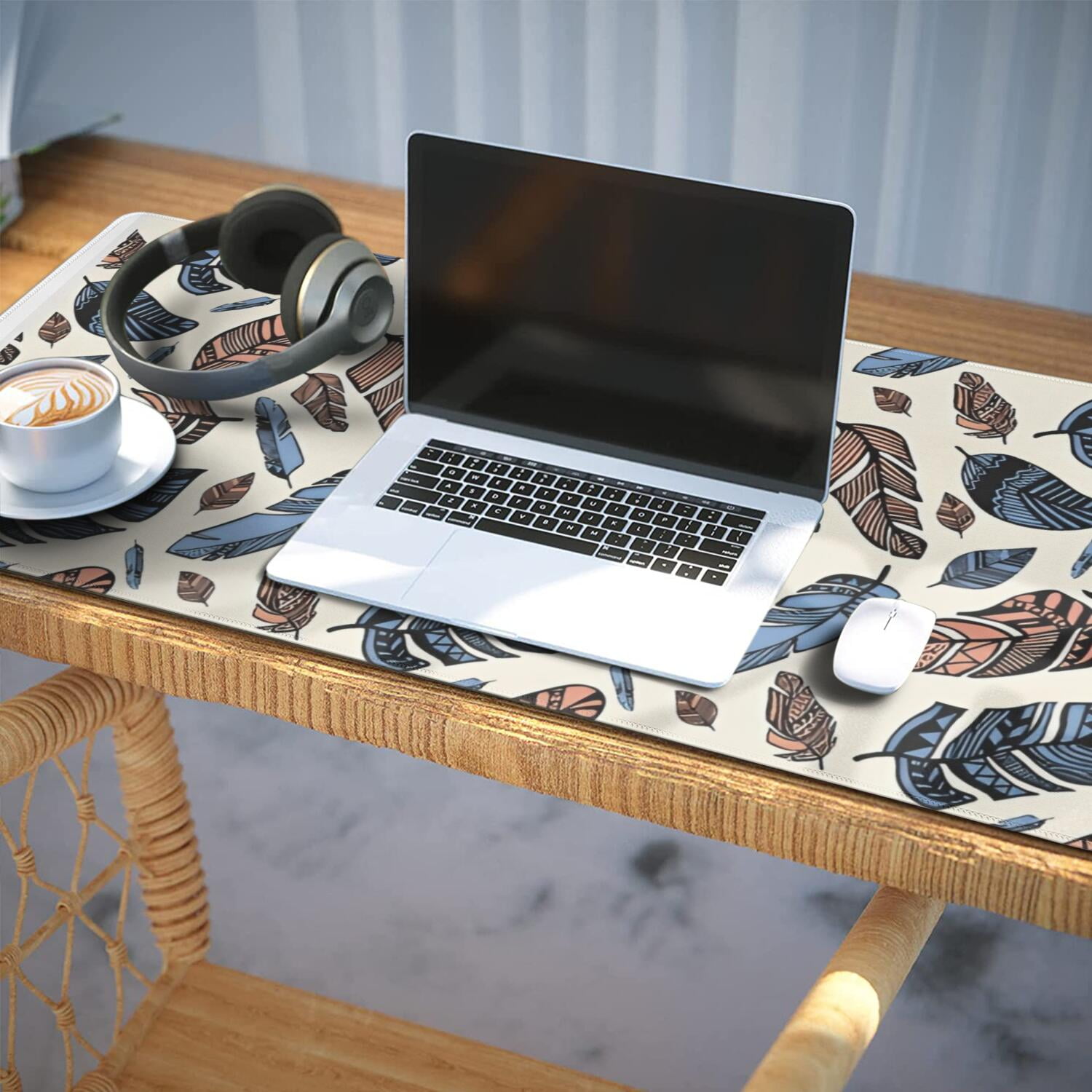Long Mouse Pads for Desk,Blue and Brown Feather Pattern Desk Mats on Top Of Desks, Desk Mouse Pad Extra Large with 3mm Non-Slip Base and Stitched Edge for Gaming,Office,Work,Home 35.4"x15.7"