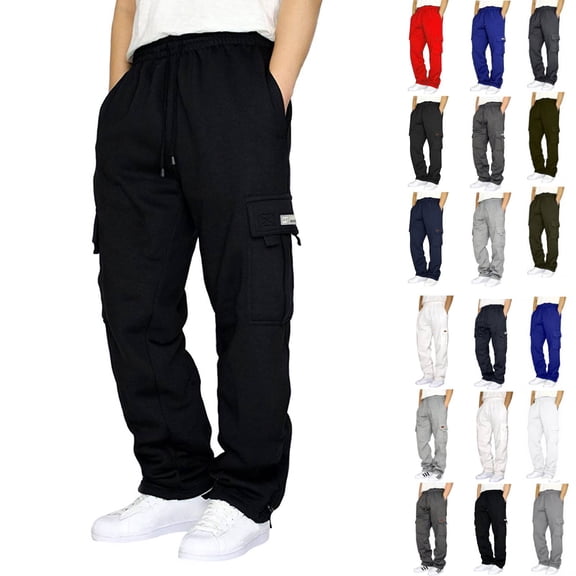 Cargo Sweatpants for Men Heavyweight Fleece Open Bottom Straight Leg Sweatpant Pockets Plus Size Big and Tall Joggers Black S