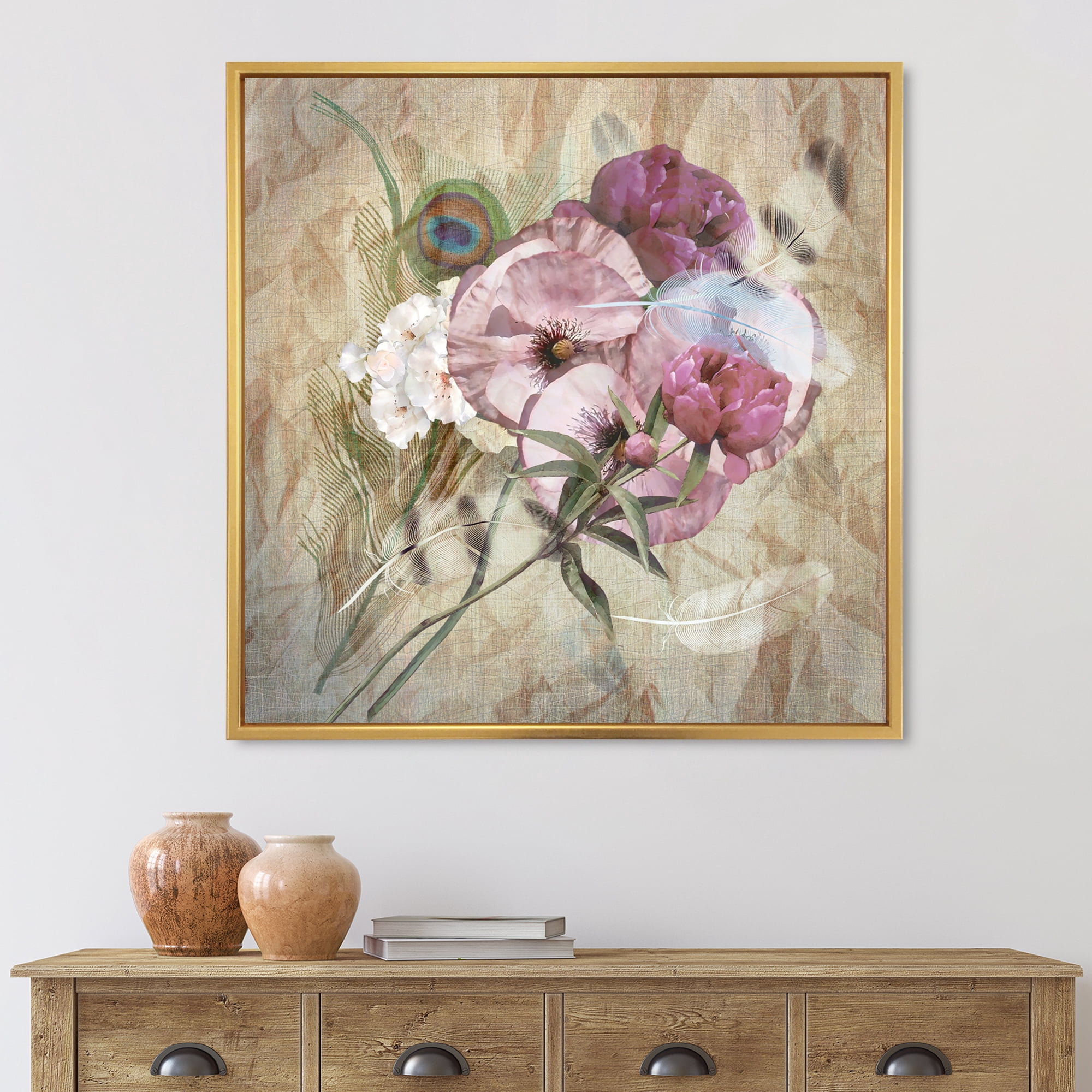 Designart 'Iris Bouquet Floral Design With Peacock Feather' Traditional Framed Canvas Wall Art Print