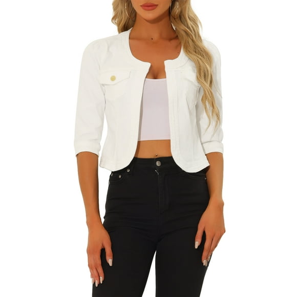 INSPIRE CHIC Women's Denim Jackets Collarless 3/4 Sleeves Crop Jean Cardigan Jackets Off White S