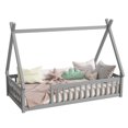 thumbnail image 6 of Twin Size Tent-Shaped Floor Bed, Teepee Bed with Guardrails, Slats, Grey, 6 of 9
