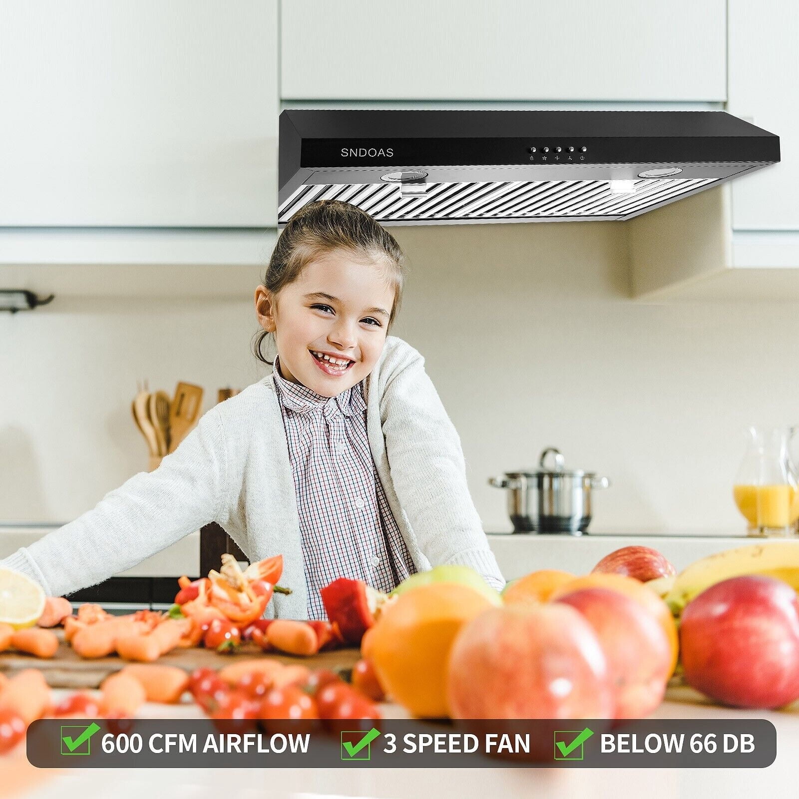 SNDOAS 600CFM 30 inch Kitchen Under Cabinet Range Hood Black Cook Fan with LED Light 120V
