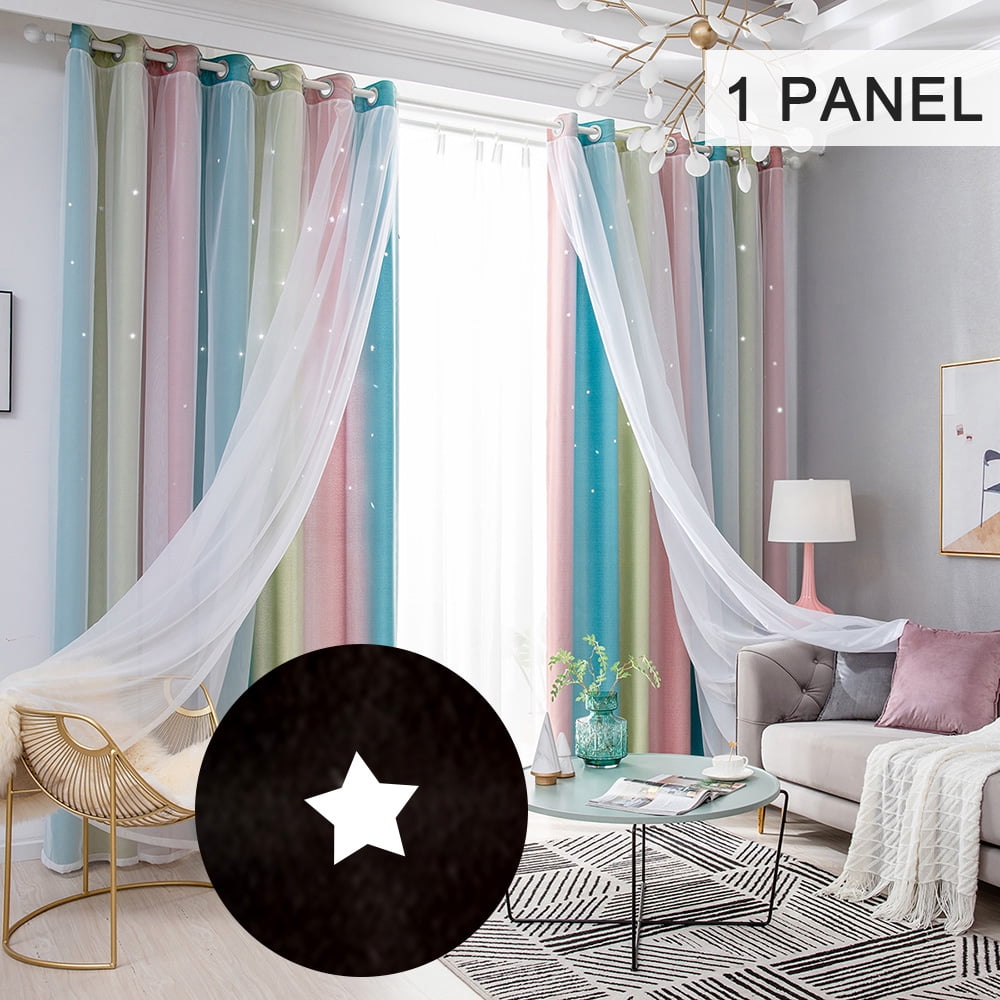 Double-Layer Window Curtains Star Starry Ombre Hollow-Out Drape Yarn Tulle Bling 