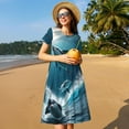 thumbnail image 4 of Gukieu Ice Blue Ocean Cute Dolphin A Print Women's Short Sleeve Dress, Elastic Waistband A-line with Pockets Summer Dress, Suitable for Daily Leisure, Work, Vacation, 4 of 6