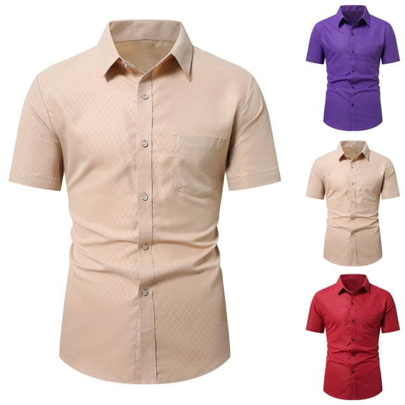 SGFCWSX Men's Short Sleeve Button Down Dress Shirt Argyle Jacquard Business Casual Shirt with Chest Pocket Beige Size S