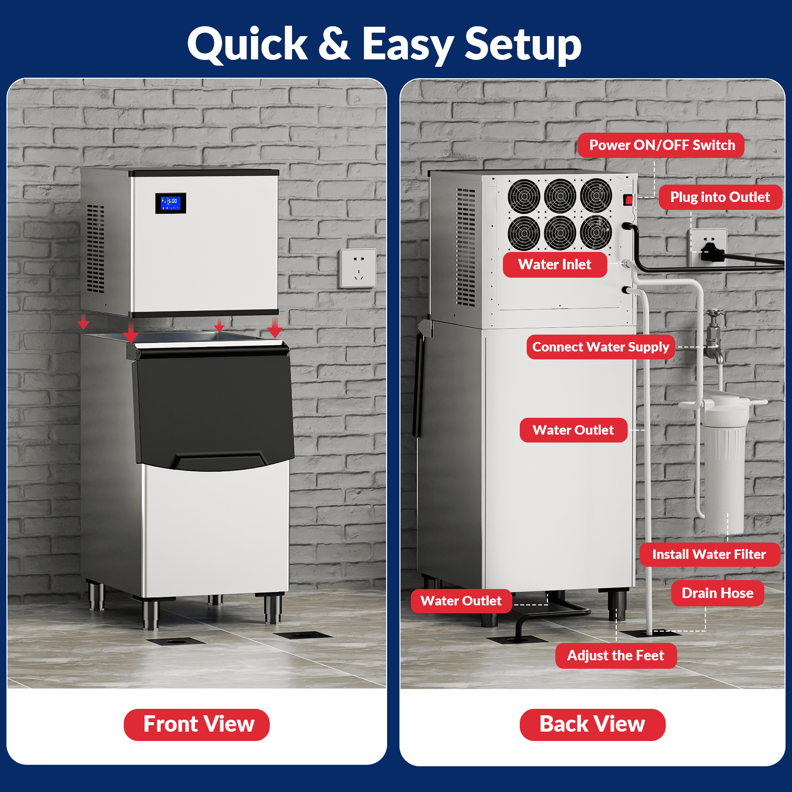 RIOXC Split Commercial Ice Maker Machine 650LBS/24H with 350lbs Ice Bin, Nugget Ice Makers Commercial, Clear Cube Pellet Ice Maker, Fast Ice Maker Ice-Ready in 8-15mins