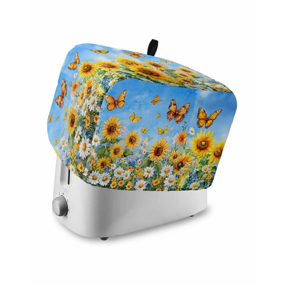 Fsddascl Spring Sunflower Daisy Toaster Cover 4 Slice, Large Kitchen Appliance Covers, Yellow Butterfly Retro Oil Painting Toaster Oven Cover with Loop, Bread Machine Cover Polyester Dust Cover