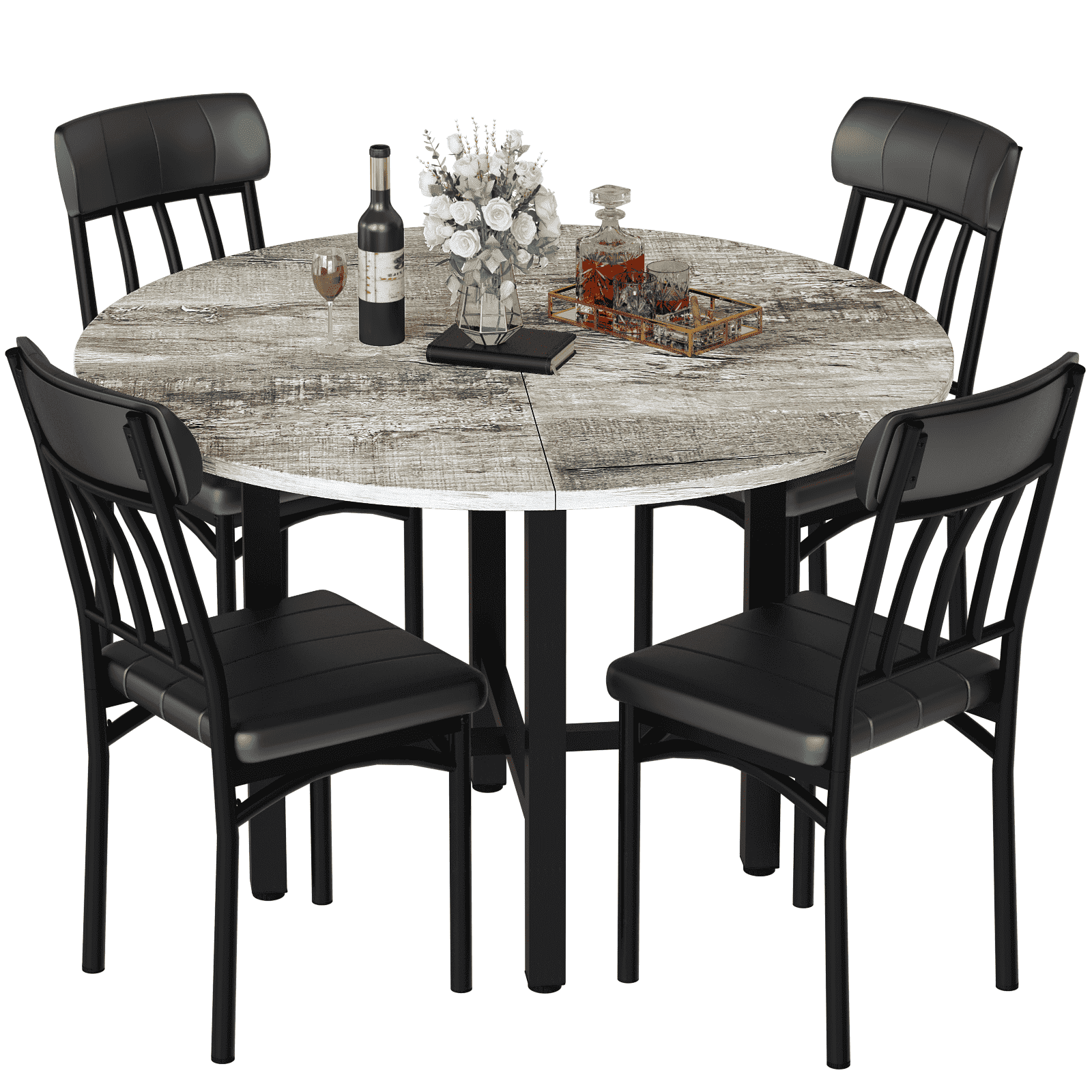 MIERES Round Dining Table Set for 4,Wood Round Kitchen Table and Chairs Set for 4,Modern Dining Room Table Set with 4 Faux Leather Chairs,Round Dinner Table for Small Space Gray