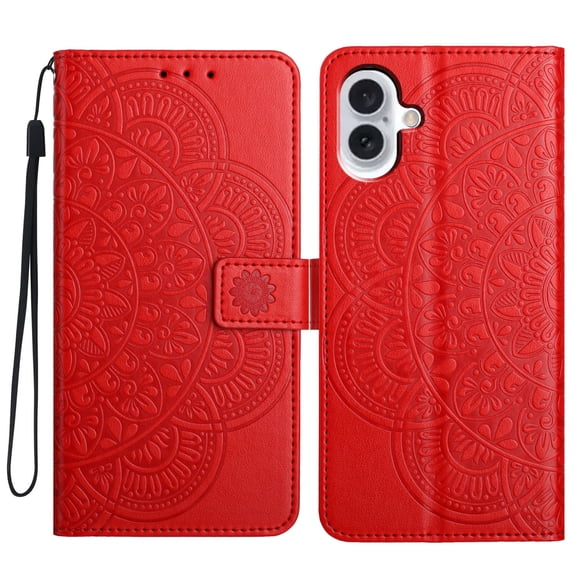 Allytechgroup PU Leather Case for iPhone 16, Wallet Case with Card Holder Wrist Strap Stand Slim Lightweight Non-Slip Rugged Shockproof Protective Back Cover Bumper for Women Men, Red