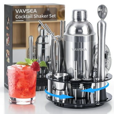 VAVSEA Cocktail Shaker Set with Rotatable Stand, Mixology Bartender Kit Bar Tool Set for Drink Mixing Home Lounge Party Bar Accessories with Straws & Spoon, Silver, 19pcs
