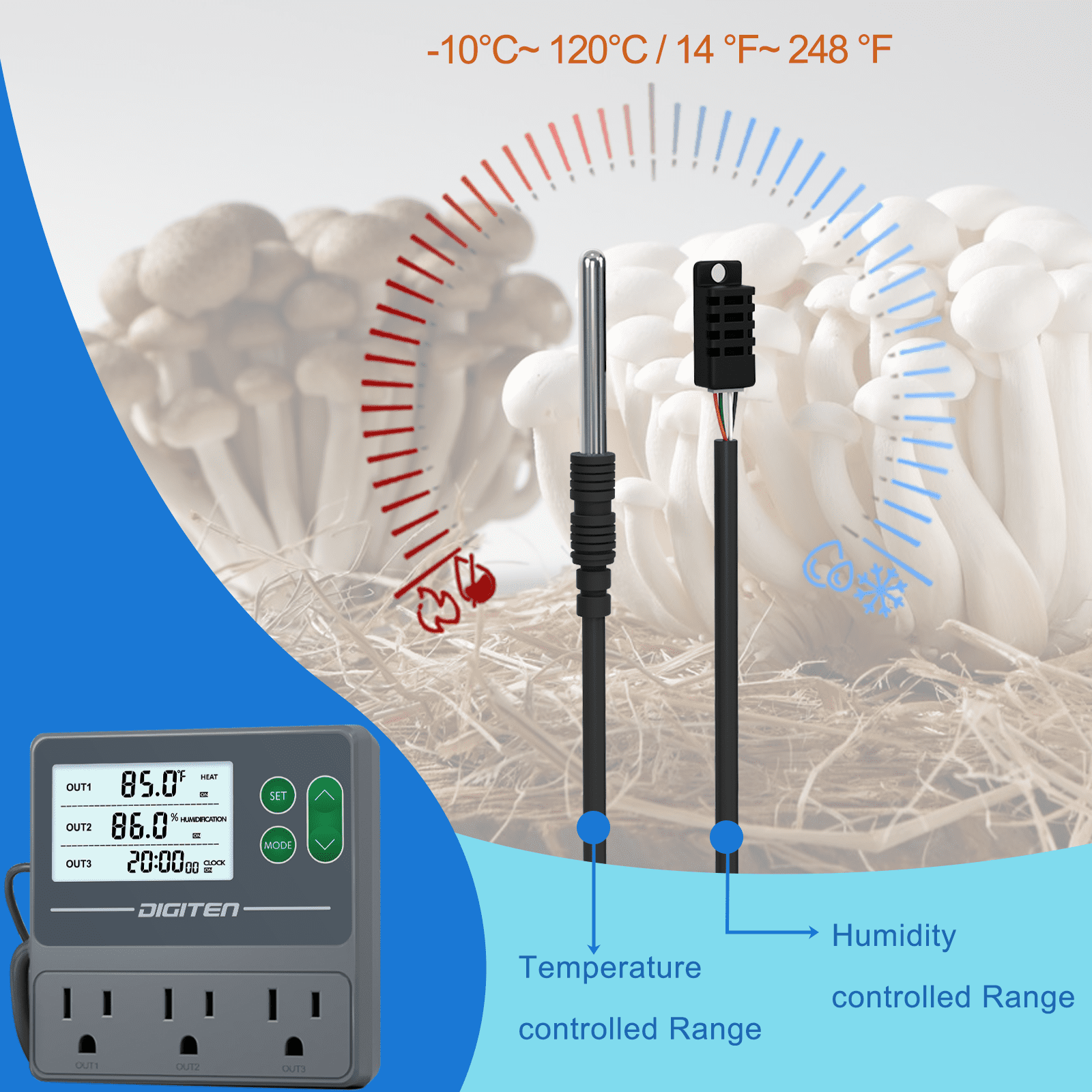 DIGITEN Temperature and Humidity Controller with Timer - 3 Outlet, 2 Separate Probes, Plug in Temperature Controller for Reptiles ,Snake, Mushrooms
