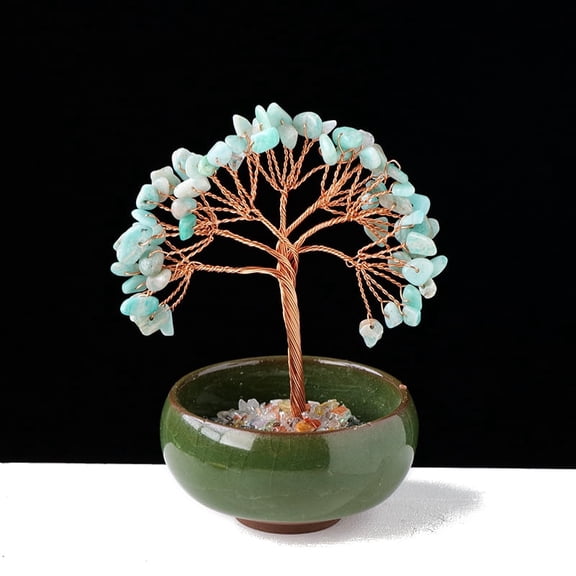 Natural Amazonite Chips Tree of Life Decorations with Bowl Base Copper Wire Energy Stone Gift for Women Men Meditation 80~100mm