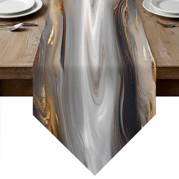 Table Runners 48 Inches Long, Black Gray Marble Cotton Linen Kitchen Dining Coffee Table Runner for Party Home Decor, Modern Abstract Golden White Texture Tabletop Dresser Scarves Runner 13x48 Inch