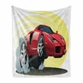 thumbnail image 1 of Cars Soft Flannel Fleece Throw Blanket, Powerful Cartoon Red Car Speeding Jumping with Smoke Coming out of Giant Tires, Cozy Plush for Indoor and Outdoor Use, 50" x 60", Red Yellow Grey, by Ambesonne, 1 of 6
