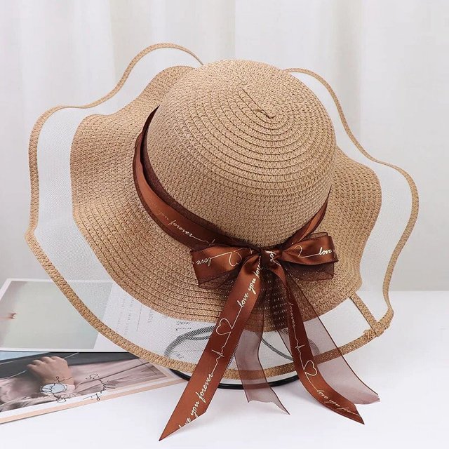 Ins-sombrero de paja de estilo coreano para mujer, sombrero de paja con lazo de cinta, ala grande, parasol, playa, viaje, Playa