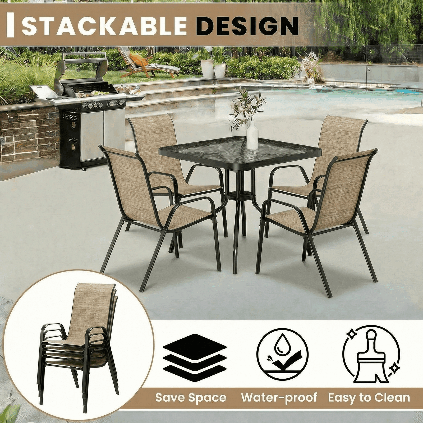 Pirecart 5-Piece Outdoor Patio Dining Set with 4 Textilene Chairs and Square Table, Brown
