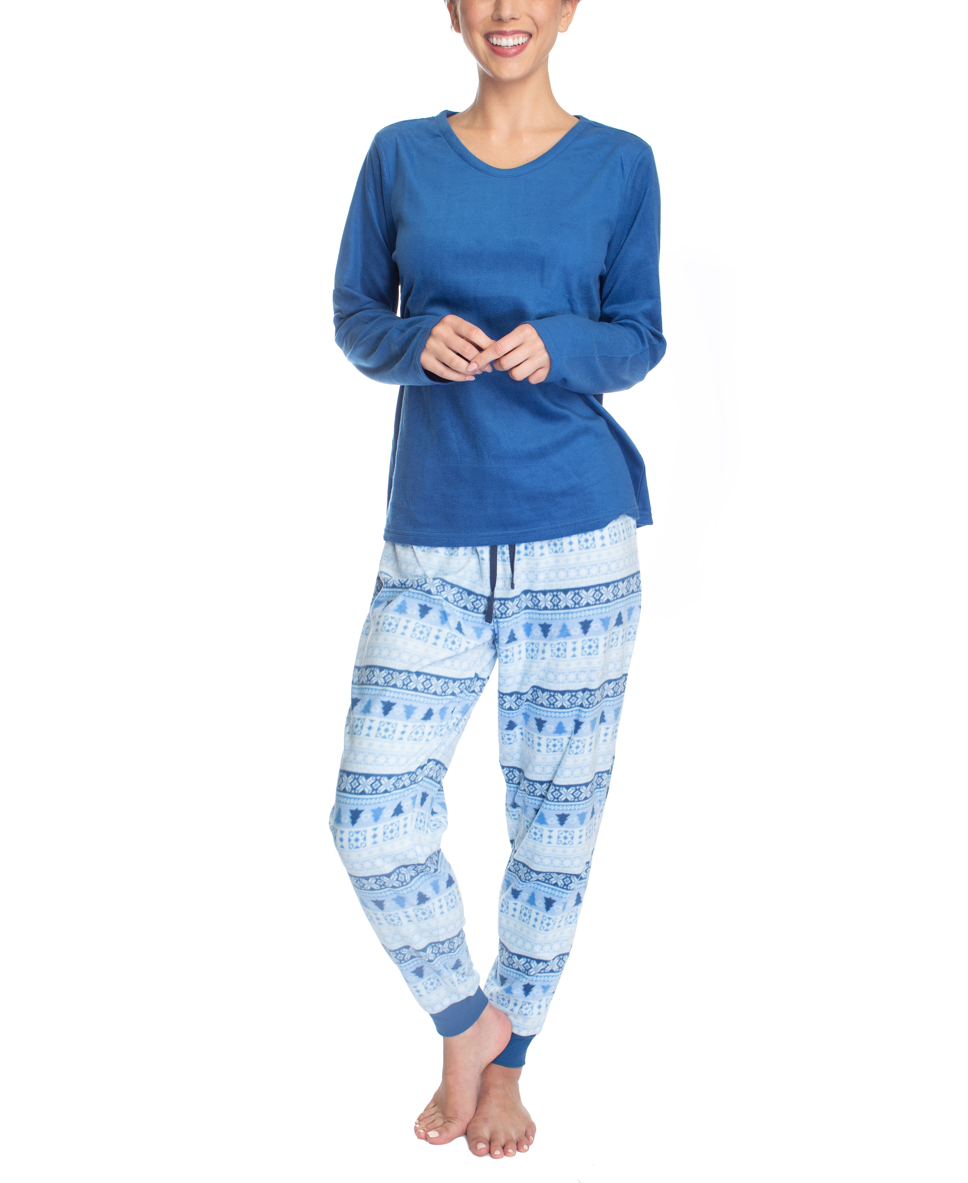 Hanes Women's Cozy Up 2 Piece Set Top and Jogger Pajamas, Blue/Fairisle
