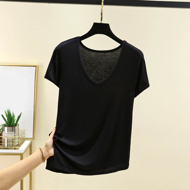 JMKQLZ T-shirt Décontracté pour Femmes à Manches Courtes, Col Rond, Fendu, Couleur Unie, Blouse de Maison