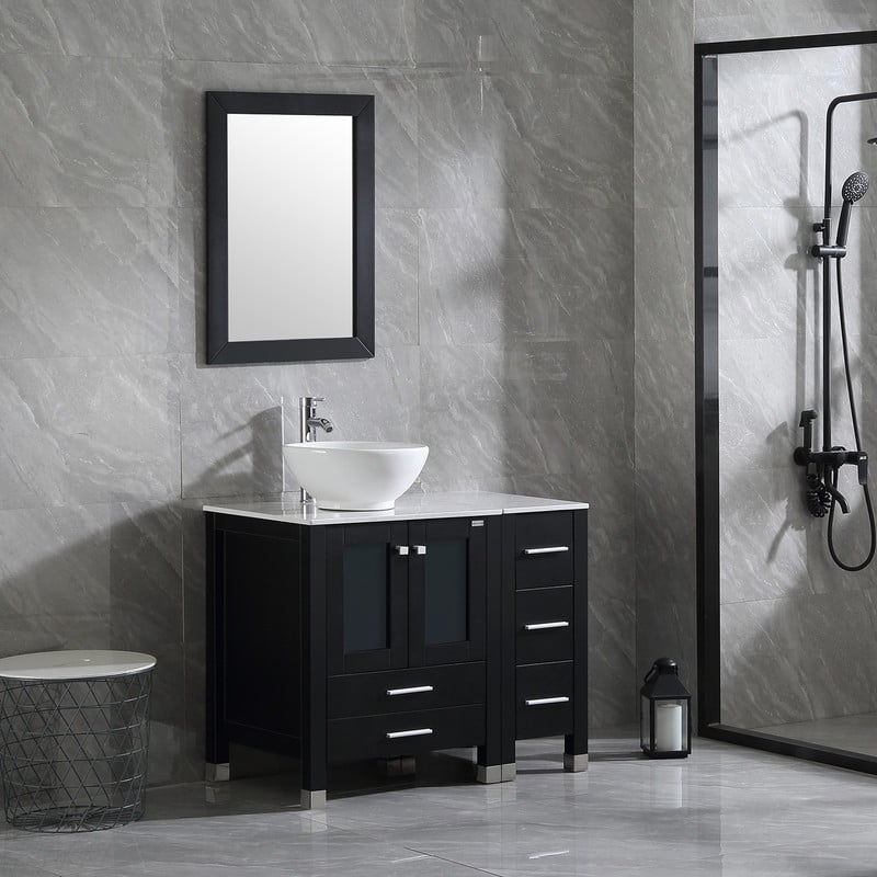 Wonline 36" Luxurious Bathroom Vanity and Sink Combo Wood Cabinet Top Round Ceramic Vessel Sink Faucet Drain Combo with Mirror Vanities Set,Black