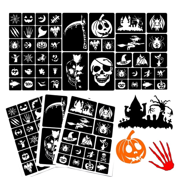 Kit de plantillas de tatuajes con purpurina XMASIR Halloween para niños, 45 unidades