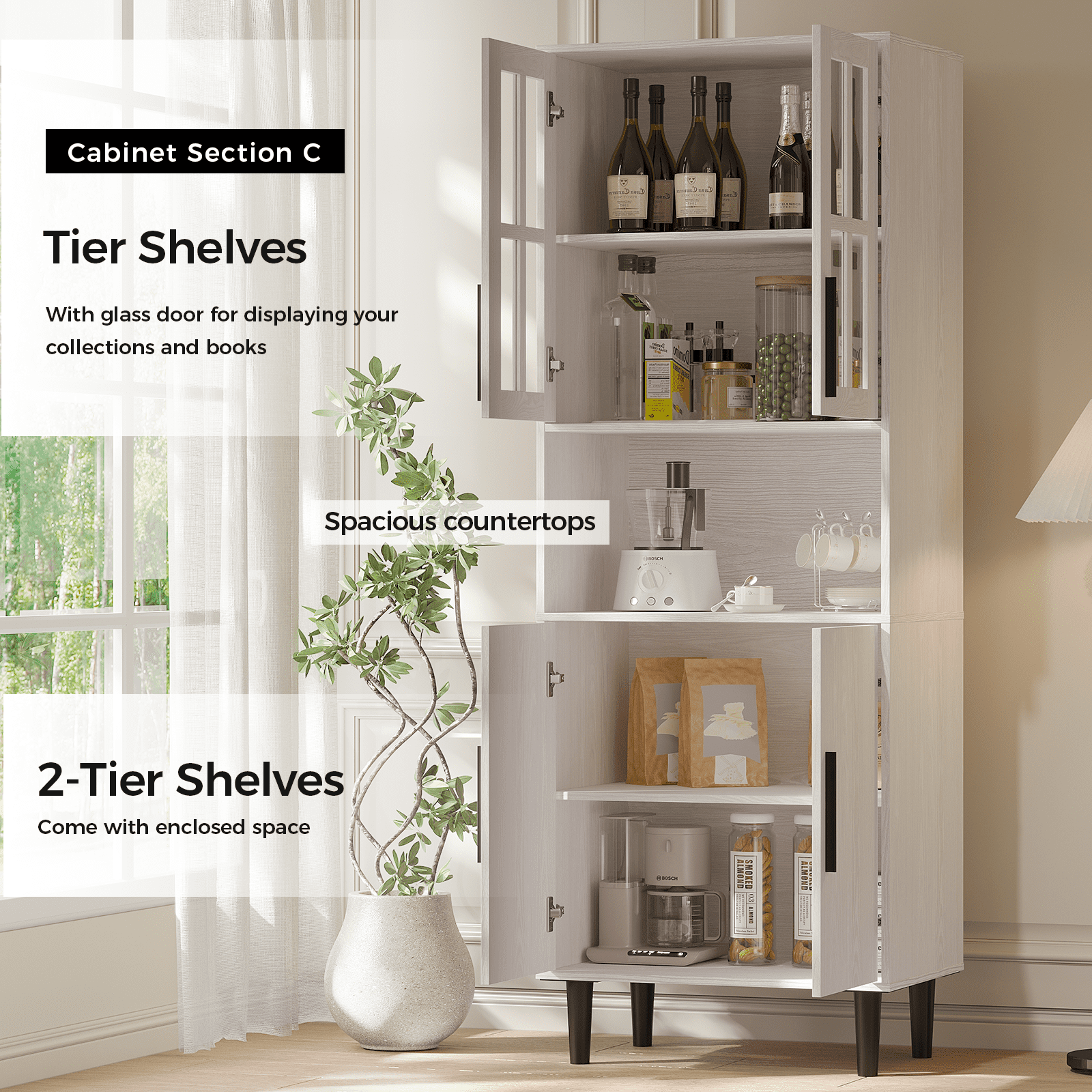 RichYa 3Pcs Bookcases with Doors,5-Tier Bookshelves with Storage Cabinet,Combination Display Cabinets for Home Office,White(AAA)