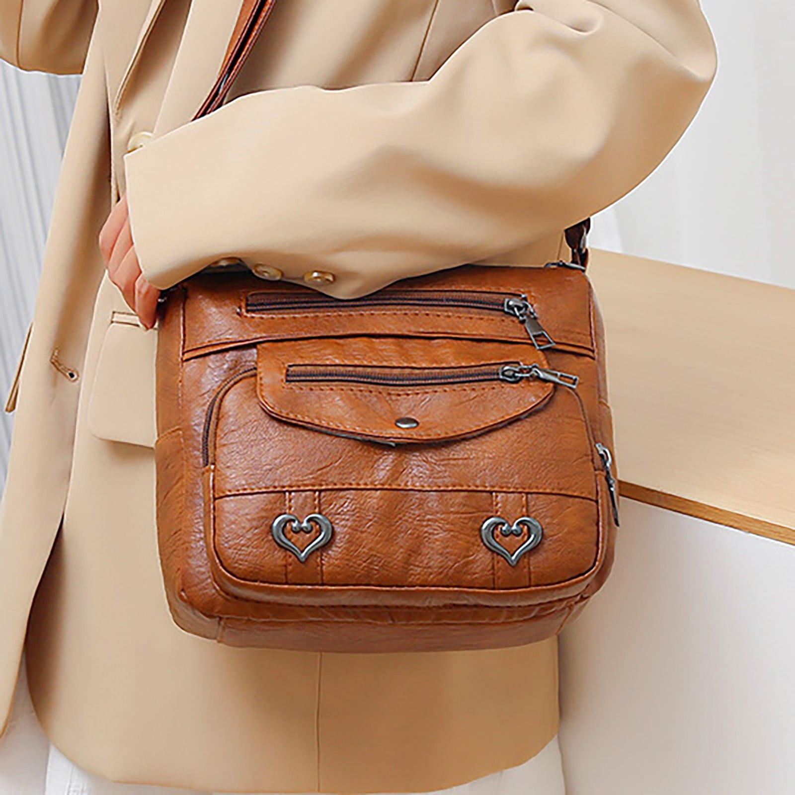Crossbody Bags for Women Pocketbooks Soft PU Leather Purses and Handbags Multi Pocket Vintage Shoulder Bag with Heart Decor Brown