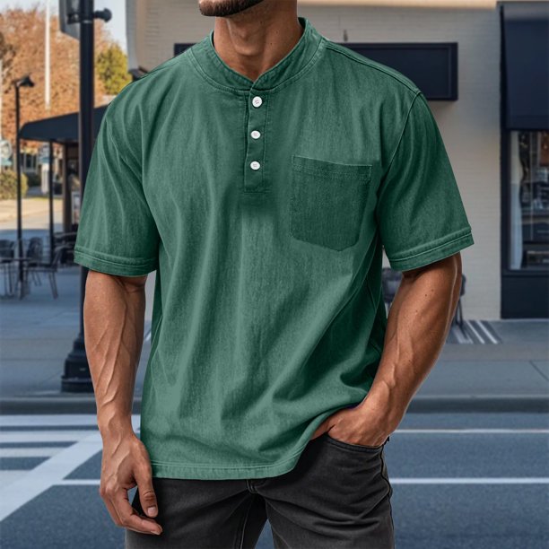 Blusas y camisas de manga corta con cuello redondo para hombre, blusas/camisetas casuales de verano a la moda de color liso con cuello redondo para hombre.