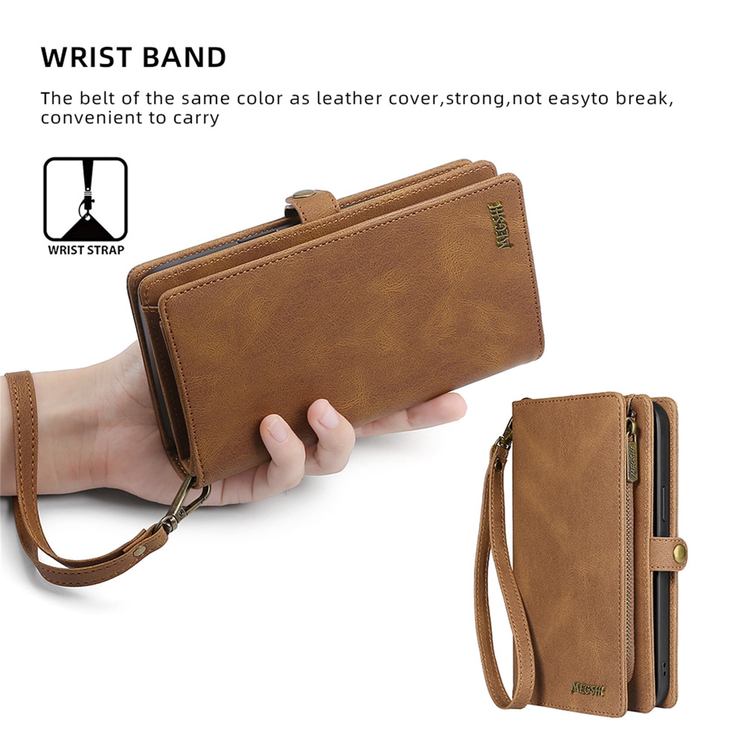 Defencase for iPhone 14 Pro Max Case for Women Men, Removable Durable PU Leather Magnetic Flip Strap Wristlet Zipper Purse Card Holder Detachable Wallet Phone Cases for iPhone 14 Pro Max, Brown