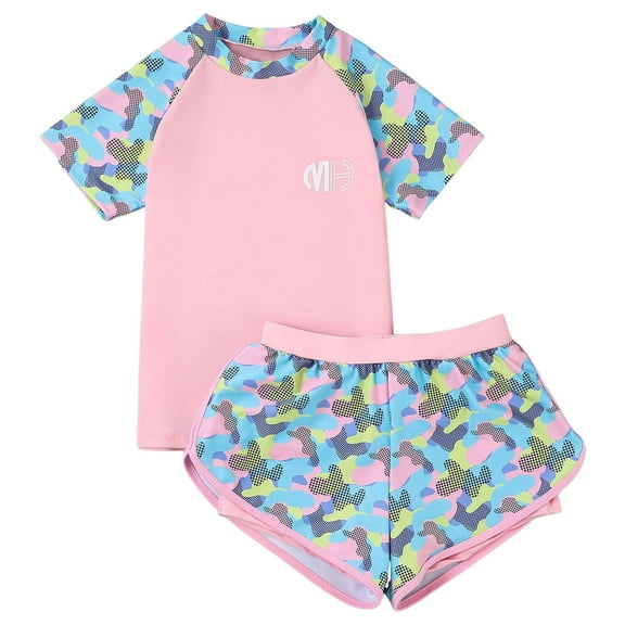 JDEFEG 2Pcs Baby Toddler Girl Swimsuits Beach Sport Rash Guard Sets with Bikini Bottoms Swimwear Short Sleeve Summer Beach Bathing Suit Camouflage Size 4Xl