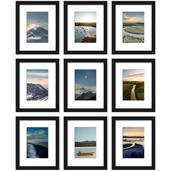 8x10 Picture Frame Set of 9, Display Pictures 5x7 with Mat or 8 x 10 Without Mat, Photo Frame for Wall Mounting or Tabletop, Black