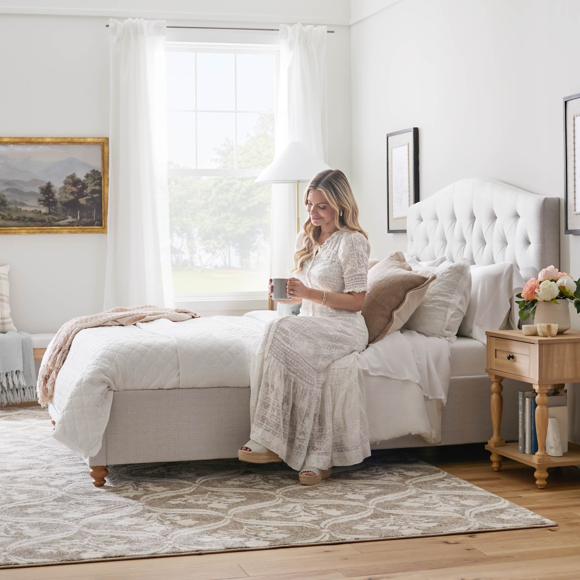 My Texas House Anna King Diamond Tufted Upholstered Slat Bed with Hardware, Cream