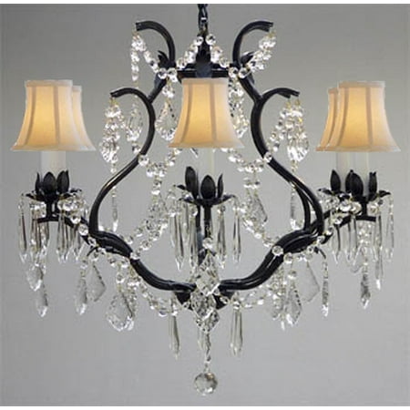 

Wrought Iron Crystal Chandelier With White Shades H 19 W 20