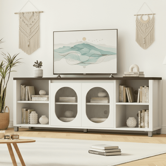 Garvee White TV Stand, Entertainment Center with Glass Door Storage & 2 Cabinets