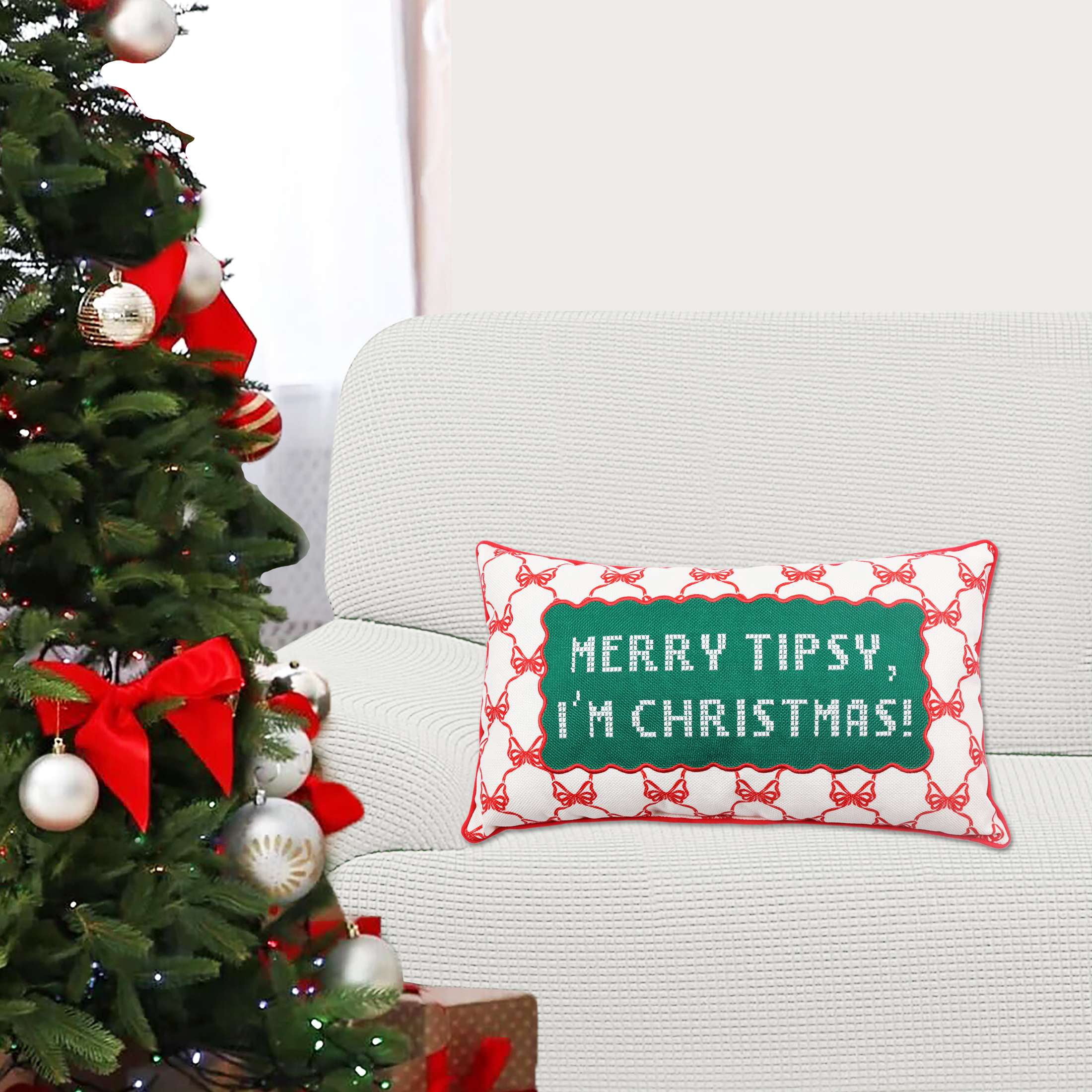 Holiday Time Merry Tipsy Decorative Christmas Lumbar Pillow