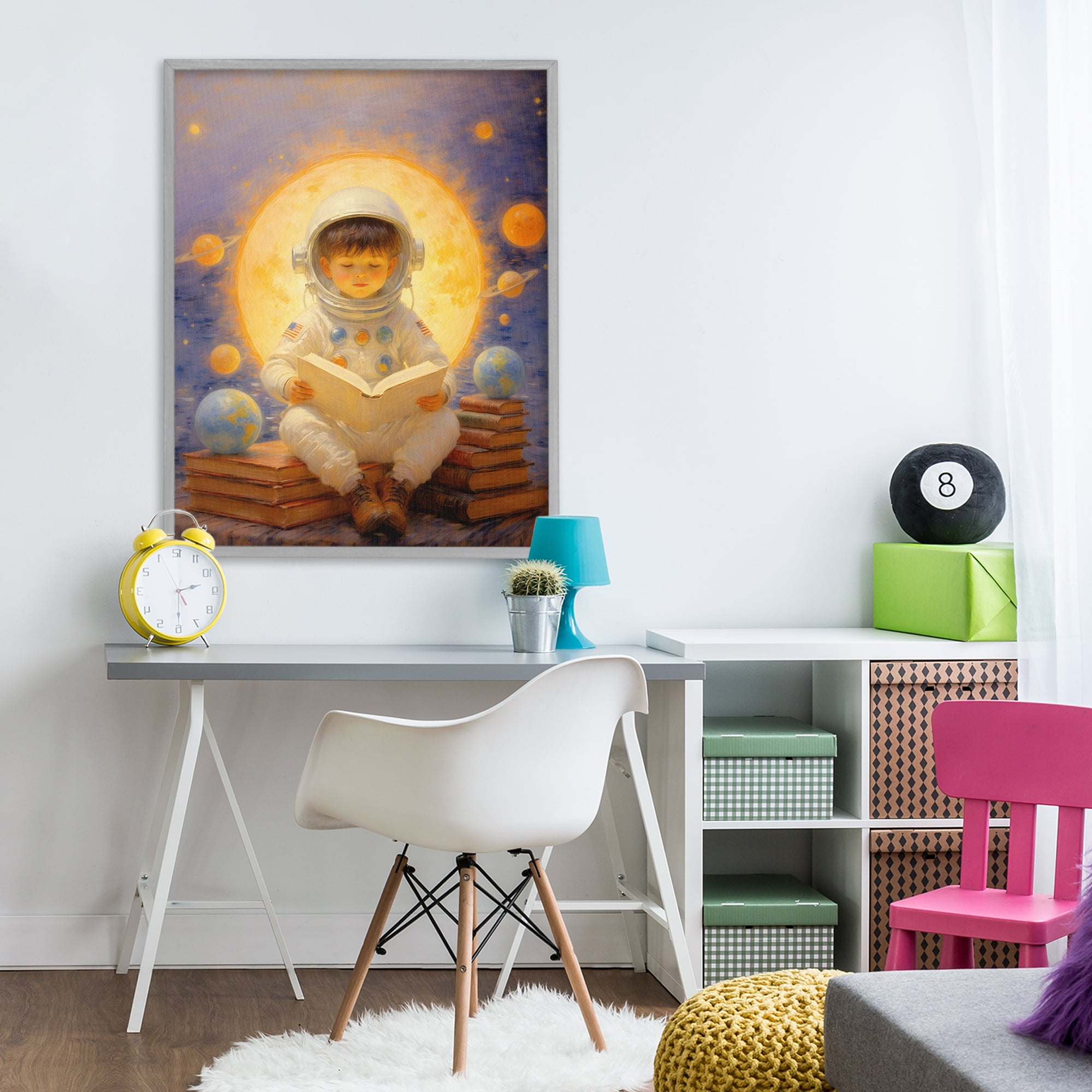 Astronaut Child Learning Gray Framed Giclee Art, design by Angie Hawke