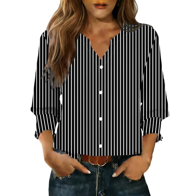 Camisas de Cuello de la Tripulación de Manga Corta para las Mujeres Moda Verano Casual Botón Arriba Cuello en V con Tejido Súper Suave