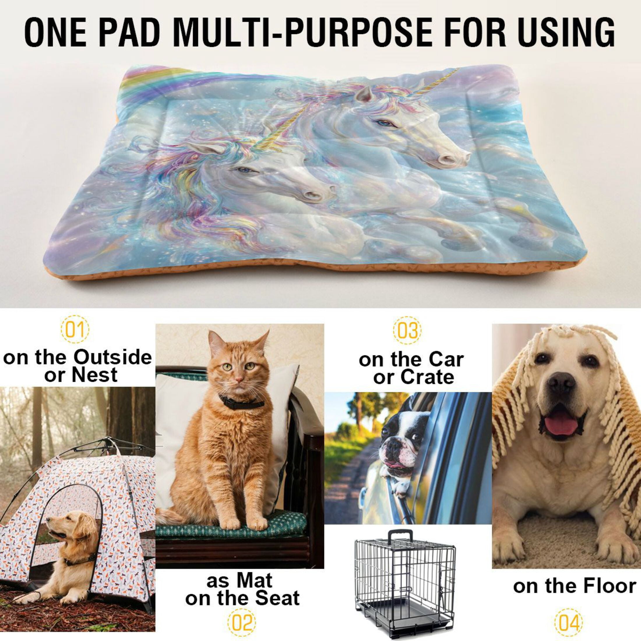 Qxltty Rainbow Unicorns Ped Pad Wear-resistant and Hard to Bite Through Sleeping Pad for Small Medium Large Dogs Winter Pet Bed 36×24in