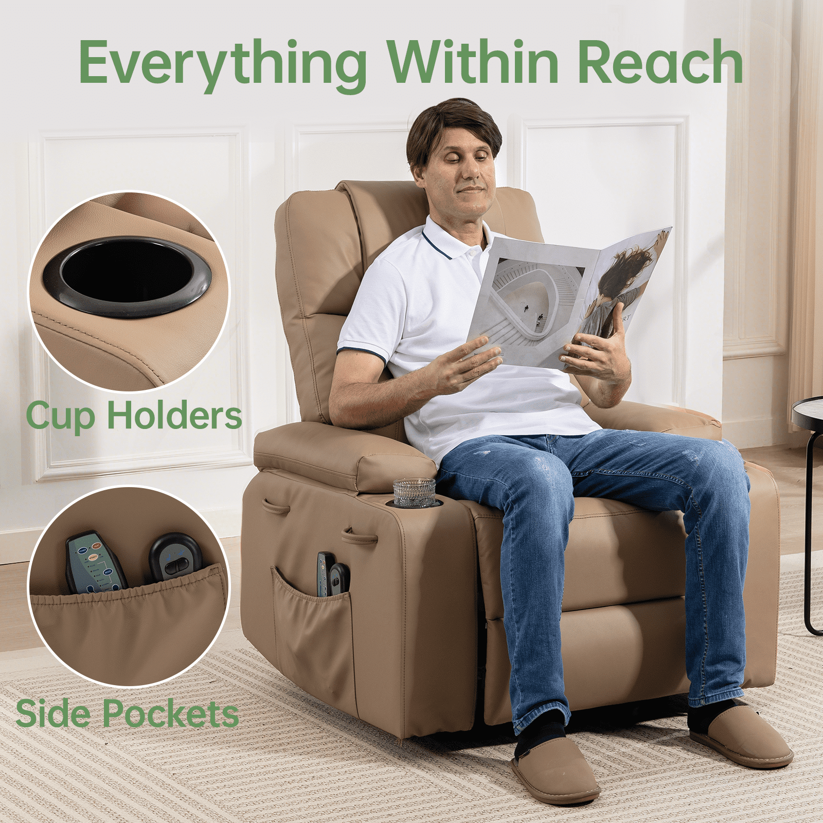 Power Lift Recliner Chair for Elderly with Heat & Massage, 160° Electric Adjustable PU Leather Recliner Sofa with Remote Control, Stand Assist, Cup Holder & Side Pockets for Living Room (Brown)