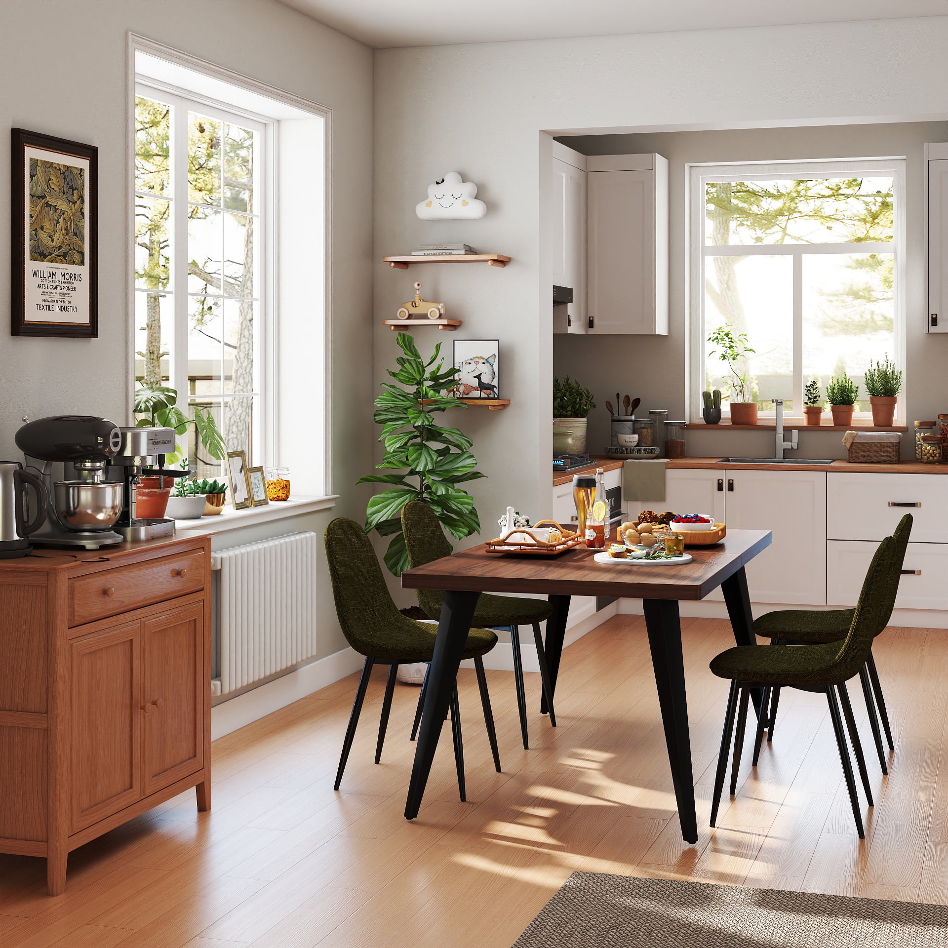 Homy Casa 63 inch Modern Dining Set, Dining Table with 4 Chairs, Beige Fabric
