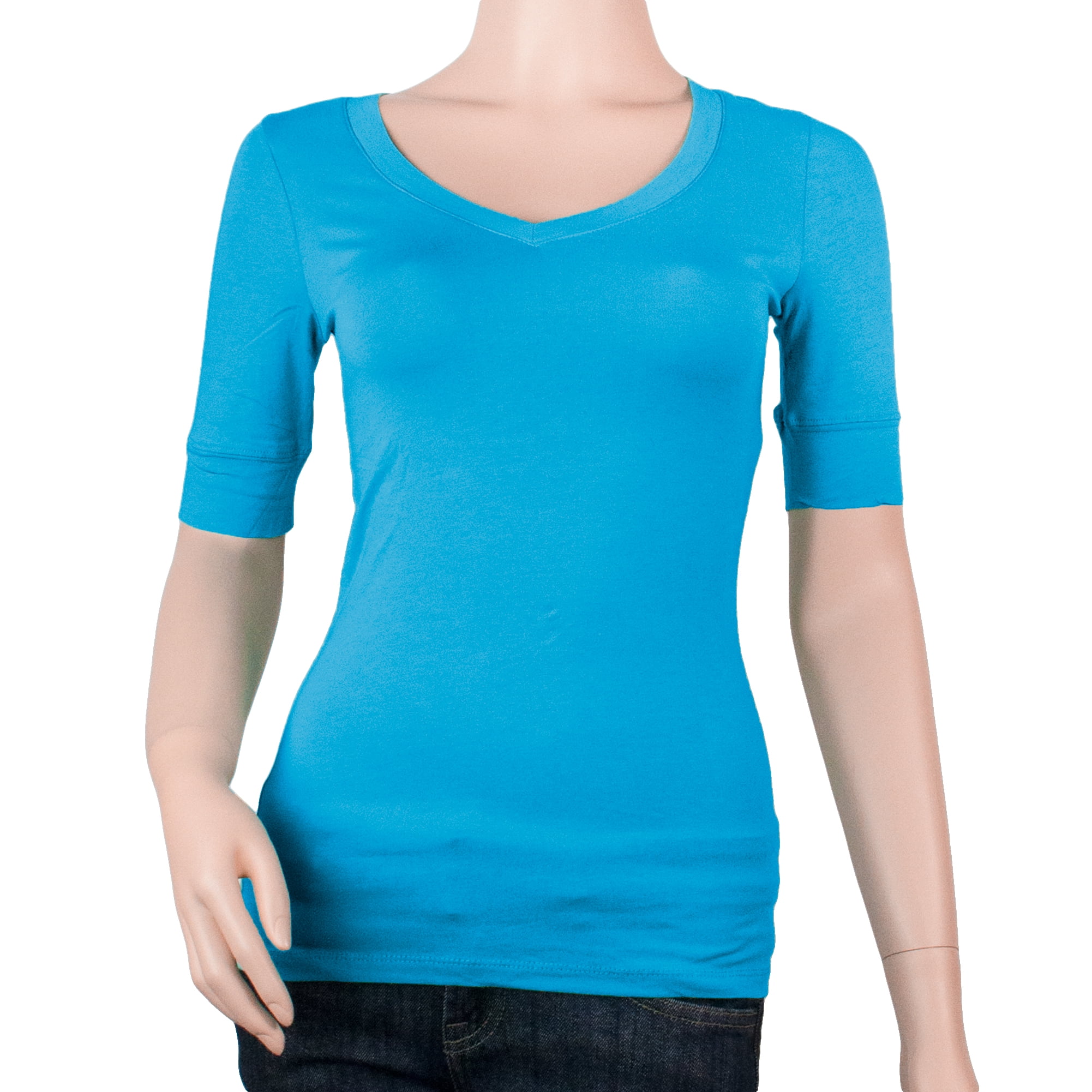 Snj Womens Basic Elbow Sleeve V Neck Cotton T Shirt Plain Top Plus