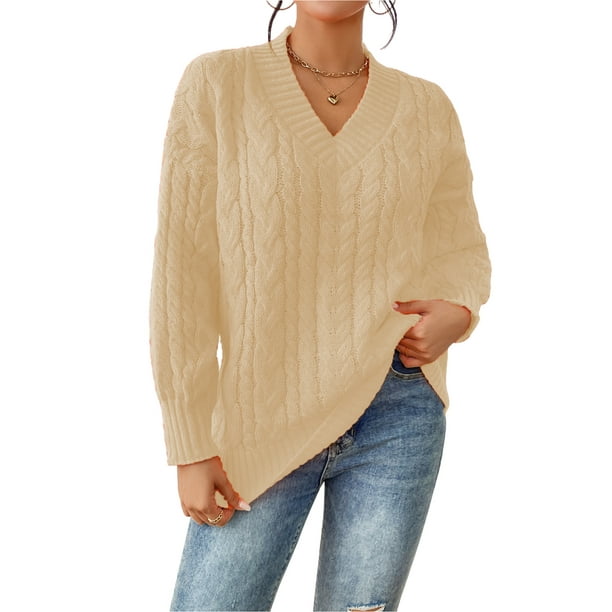 MAWCLOS Ladies Sweater Long Sleeve Knitted Sweaters Cable Knit Jumper Tops Knitwear Work V Neck Pullover Apricot L