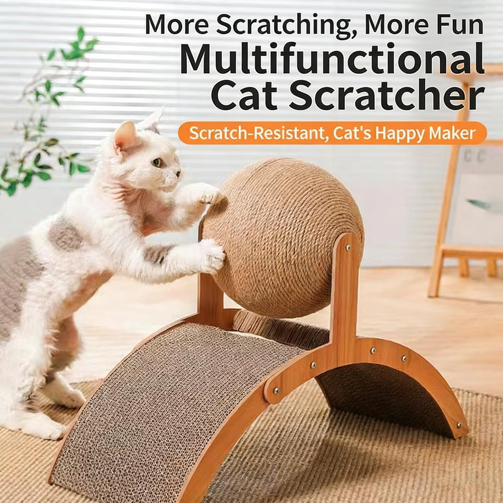 Cat Scratching Ball on Stand, Interactive 360° Rotating Sisal Ball Cat Scratcher with Arch Toy & Stable Base, Indoor Cat Scratching Post for Play, Claw Care & Furniture Protection