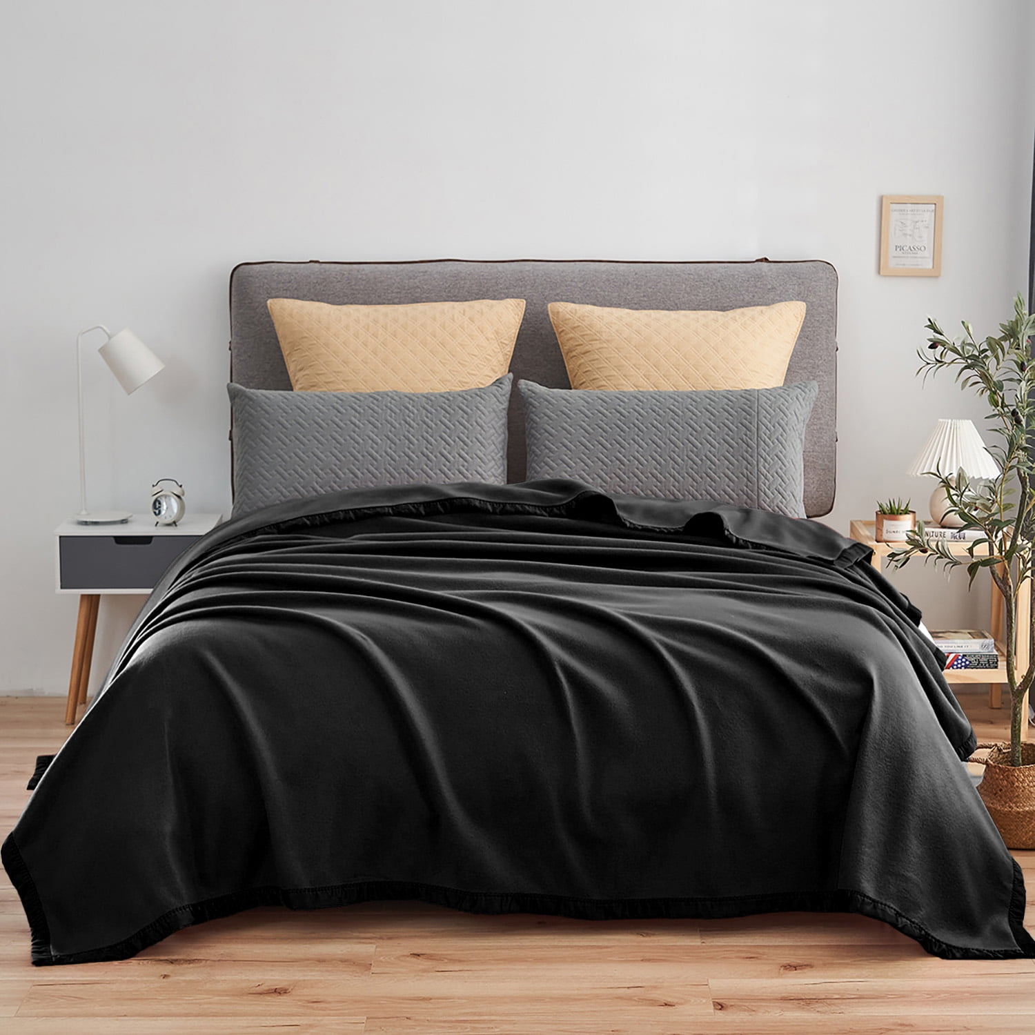 JML Soft Fleece Bed Blanket with Satin Trim, Queen 90"x90", Black